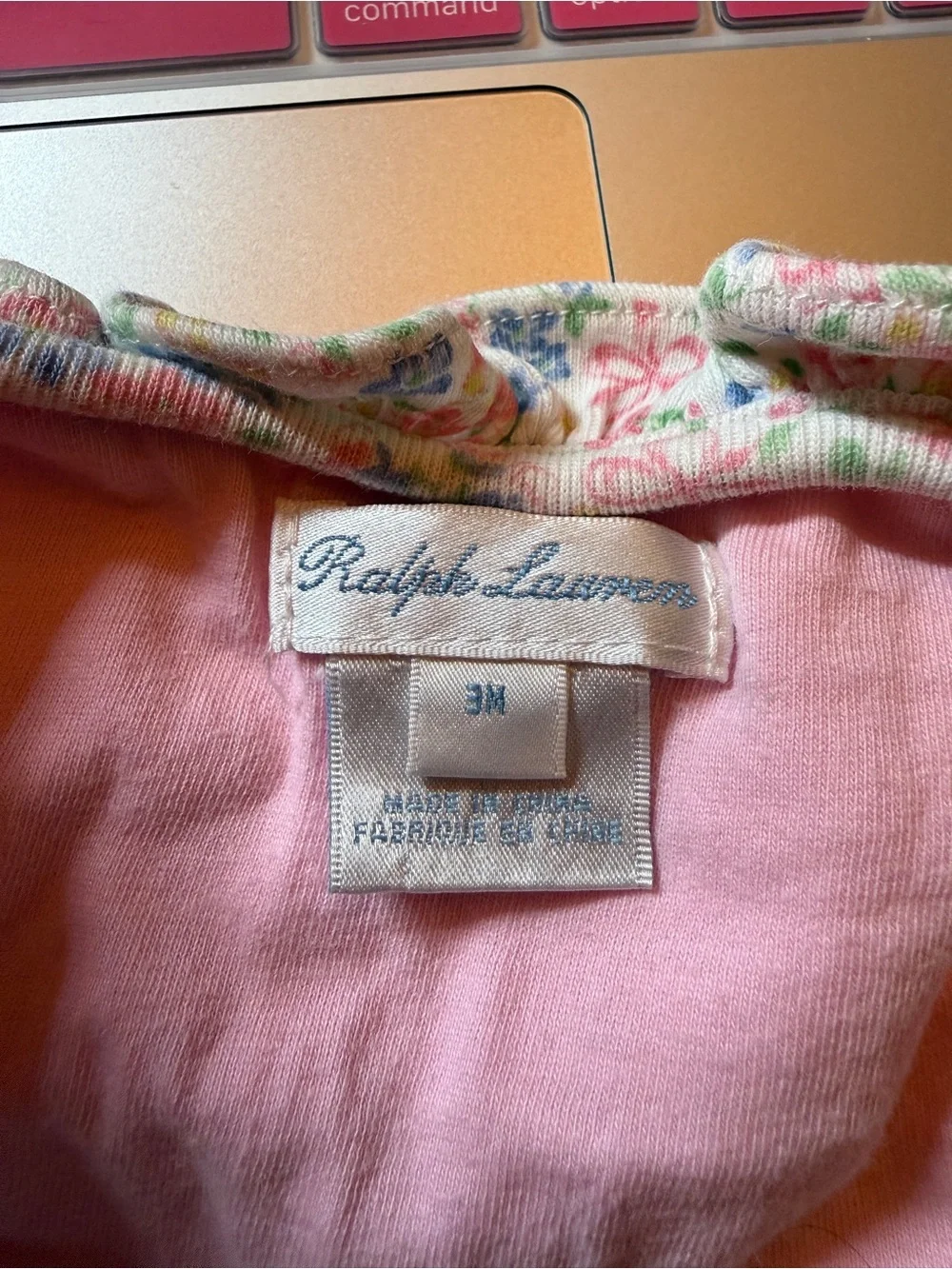 Ralph Lauren Baby Girls Pink Stripe Floral Ruffle Footless Romper 3M Pony Logo